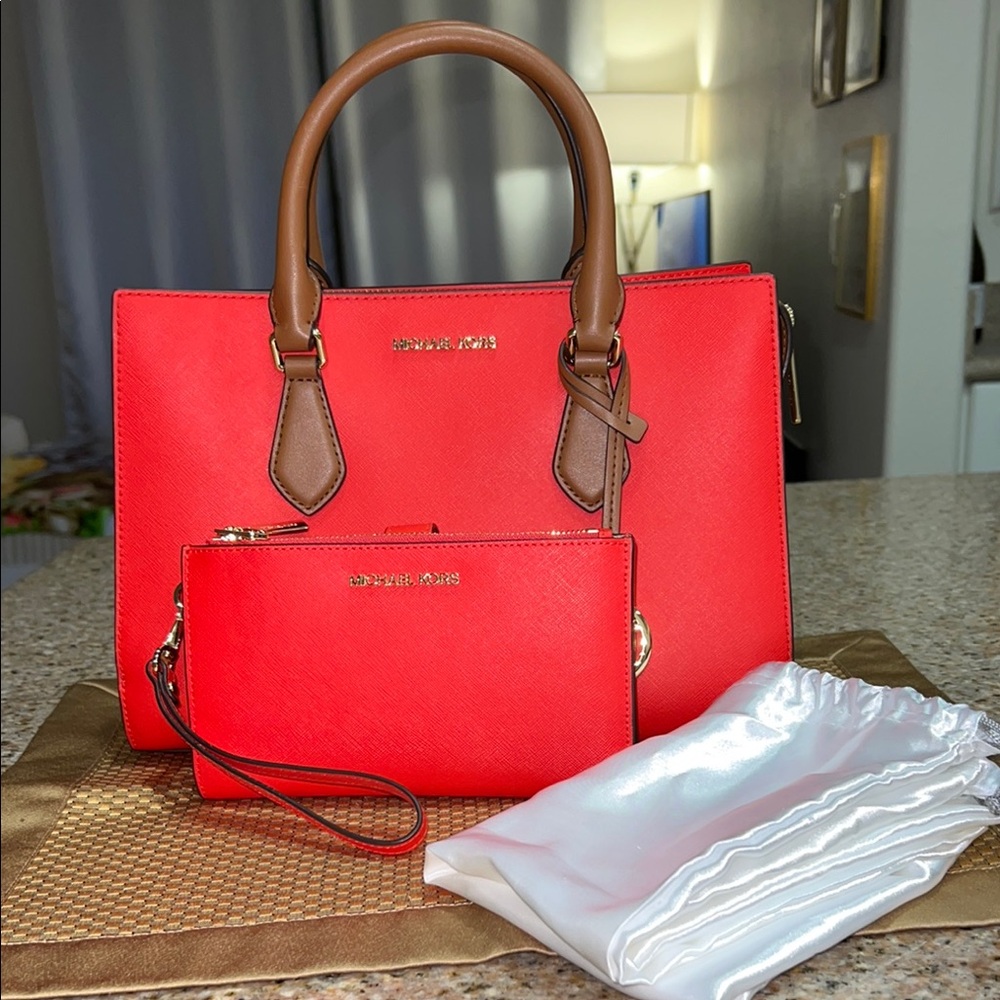 Michael Kors Red and Brown Satchel with Signature Charm